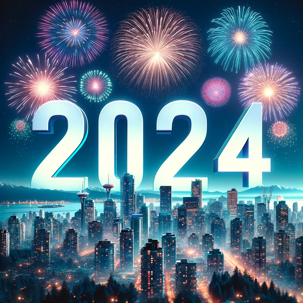 backdrop of city of vancouver with fireworks celebrating the new year of 2024. This symoblizes a new beginning