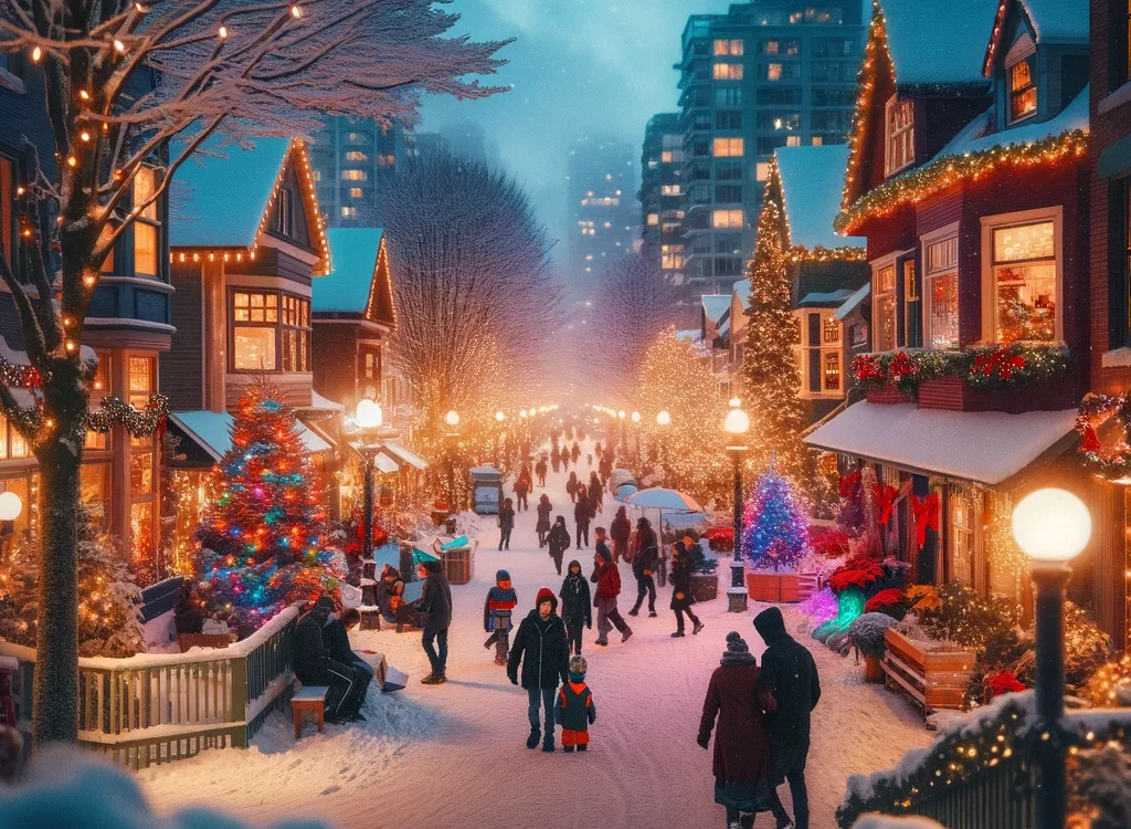 snow covered ground, holiday scene in a small Vancouver neighborhood