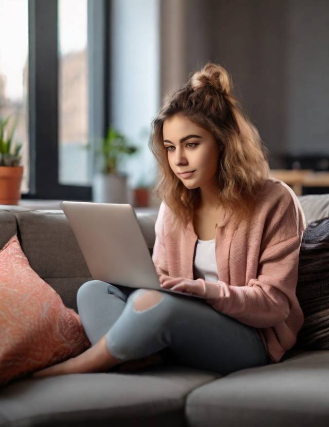 woman sitting on her couch talking to her online therapist